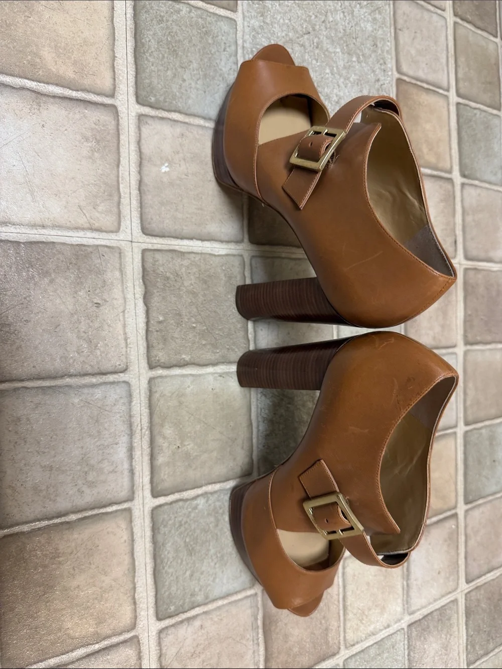 Michael Kors Cognac Leather Peep-Toe Heels with Buckle Detail
